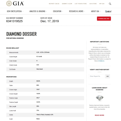 Diamante Naturale Certificato GIA Kt. 0,30 Colore G Purezza VS1