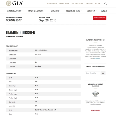 GIA Certified Natural Diamond Kt. 0,31 Color F Clarity SI1