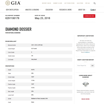 GIA Certified Natural Diamond Kt. 0,37 Color E Clarity SI1