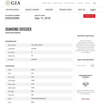 GIA Certified Natural Diamond Kt. 0,40 Color E Clarity SI1