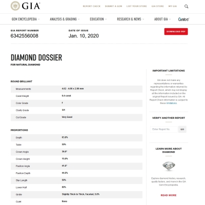 GIA Certified Natural Diamond Kt. 0,40 Color F Clarity SI1