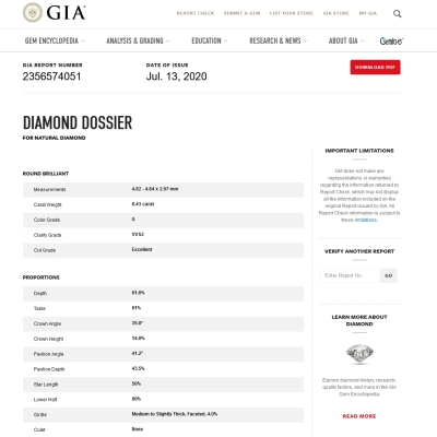 GIA Certified Natural Diamond Kt. 0,43 Color G Clarity VVS2