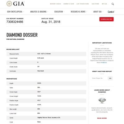 GIA Certified Natural Diamond Kt. 0,46 Color G Clarity SI1