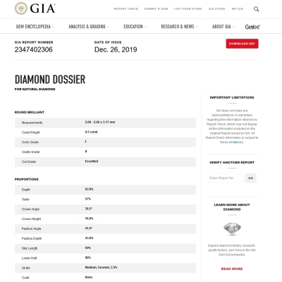 GIA Certified Natural Diamond Kt. 0,50 Color F Clarity IF