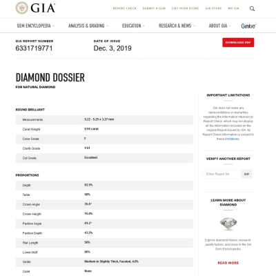 GIA Certified Natural Diamond Kt. 0,55 Color F Clarity VS1
