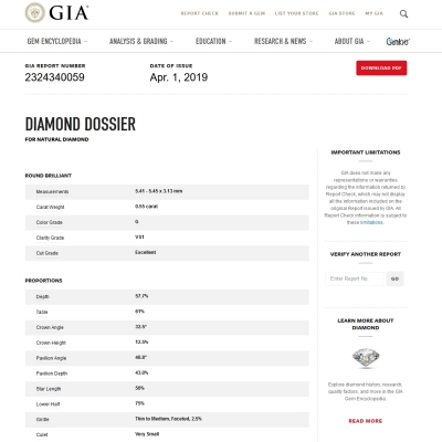 GIA Certified Natural Diamond Kt. 0,55 Color G Clarity VS1