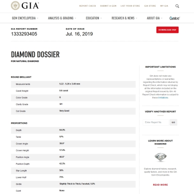 Diamante Naturale Certificato GIA Kt. 0,60 Colore G Purezza SI1