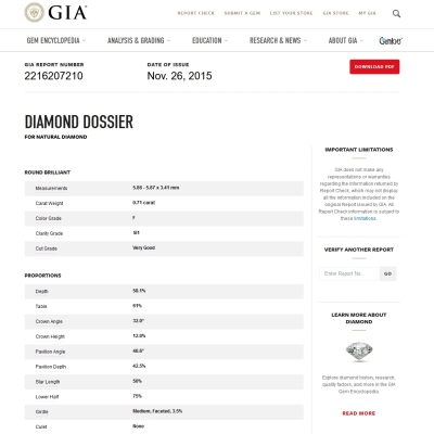 GIA Certified Natural Diamond Kt. 0,71 Color F Clarity SI1
