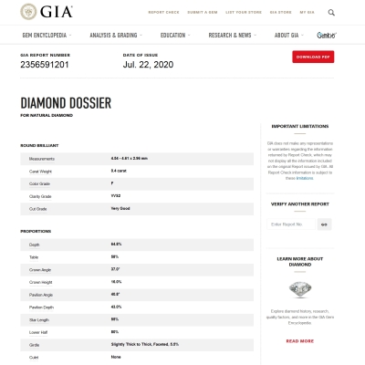 GIA Certified Natural Diamond Kt. 0,40 Color F Clarity VVS2