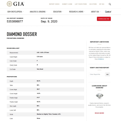 GIA Certified Natural Diamond Kt. 0,34 Color F Clarity IF