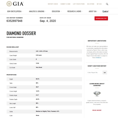 GIA Certified Natural Diamond Kt. 0,32 Color E Clarity VVS2